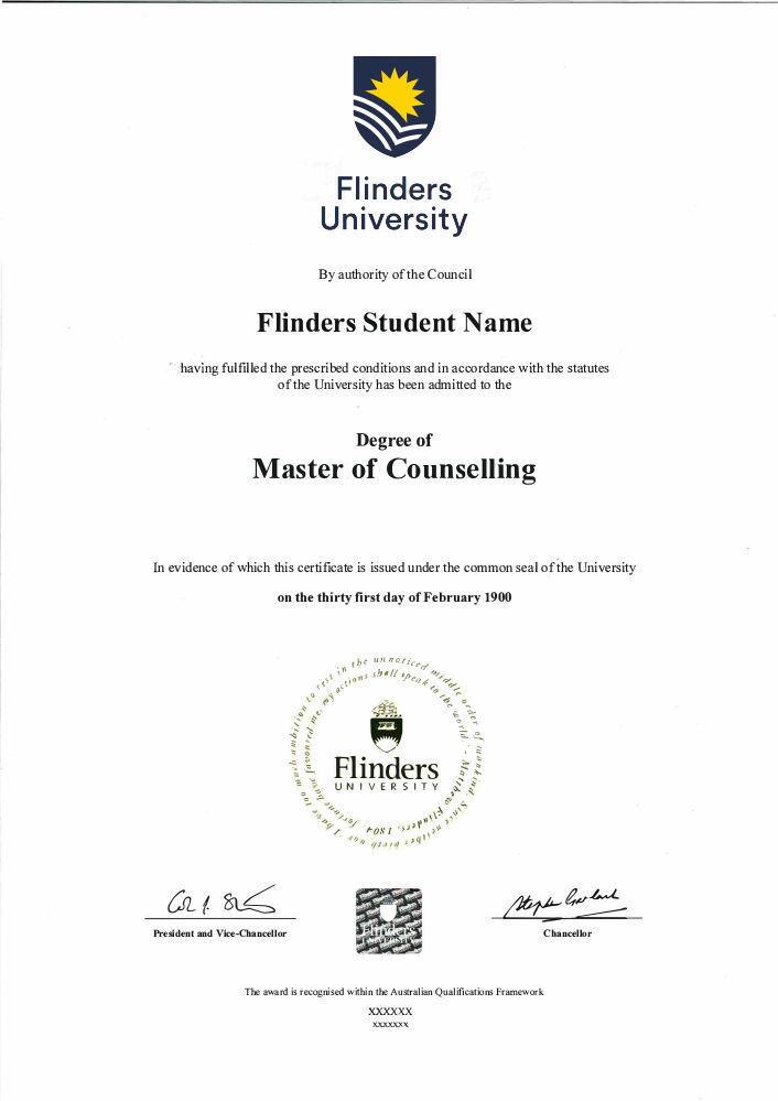 Sample Testamur - Flinders - Master of Counselling